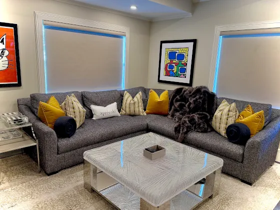 Cleaned living room, welcoming vibrant vibe to guests when they walk in.